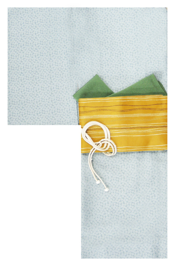 小紋と京袋帯　水色 木目調の帯