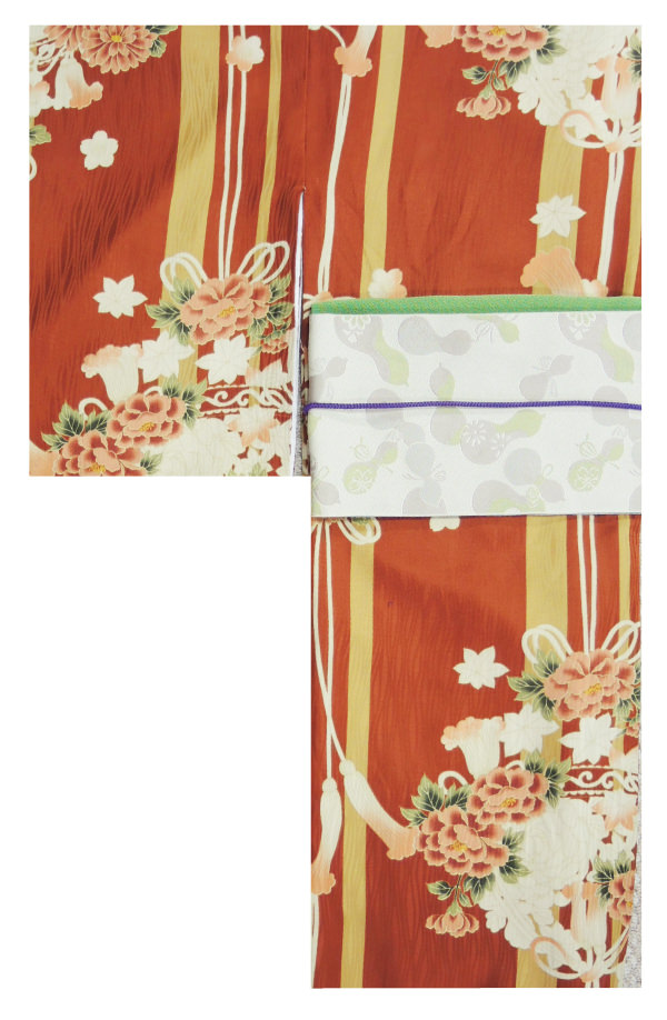 小紋と京袋帯　オレンジ花柄
