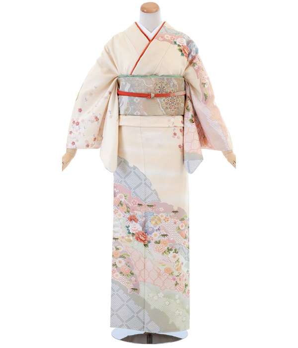 訪問着・クリーム色 雪輪取りと四季花
