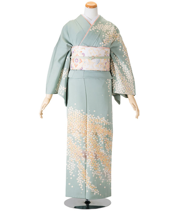 訪問着・青緑色 桜百華 手刺繍に金彩