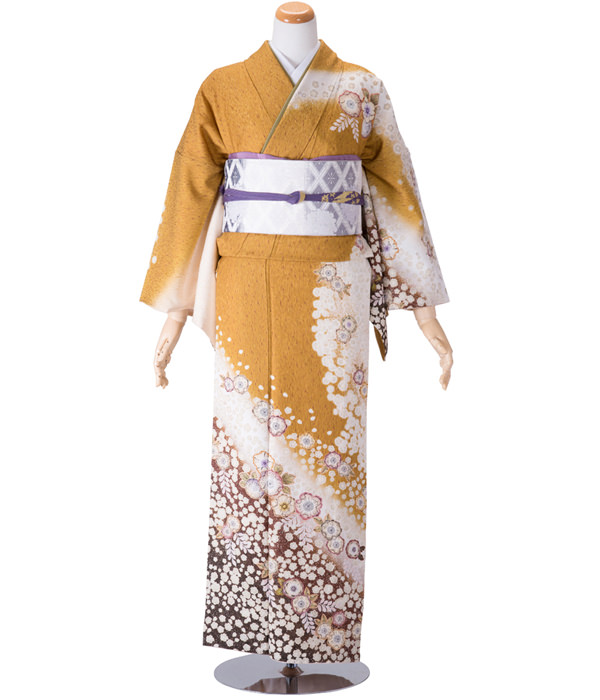 訪問着・からし色 桜と辻が花