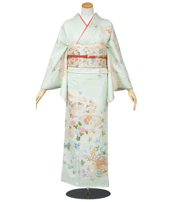 訪問着・グリーン 扇面枝垂れ桜