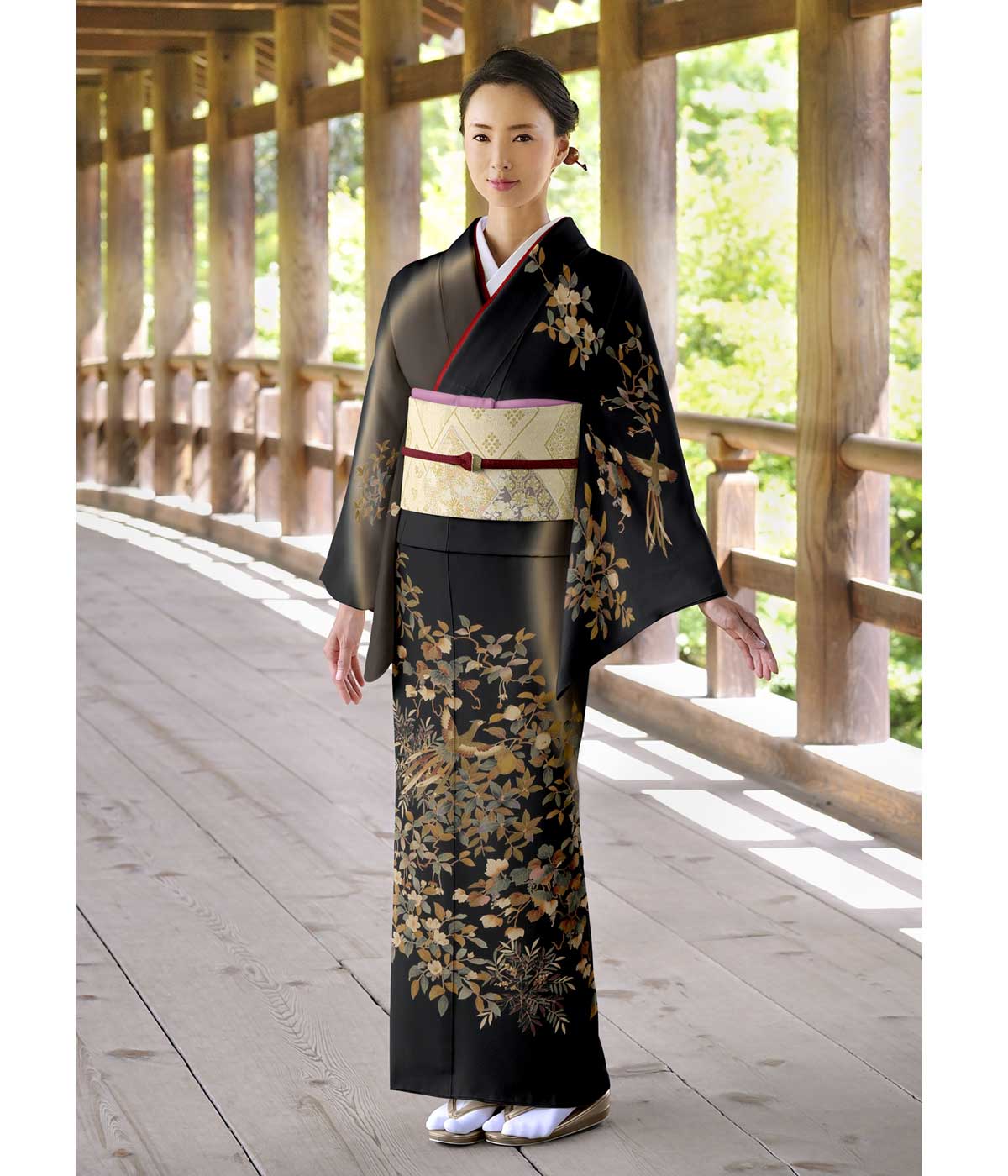 訪問着・田村哲彦作 琥珀染花鳥文