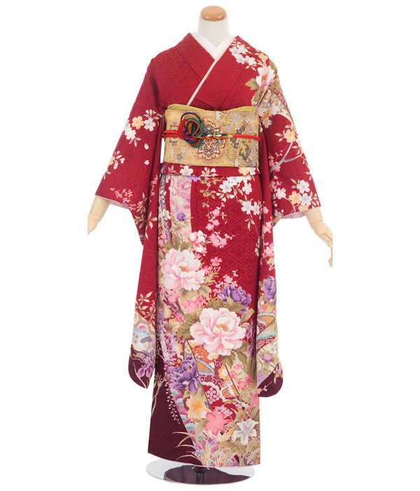振袖・紅グレー色 牡丹