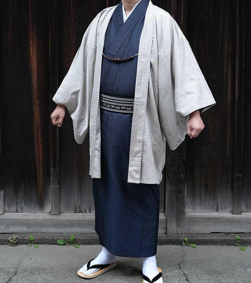 正絹お召し・なす紺 / 茶羽織・M