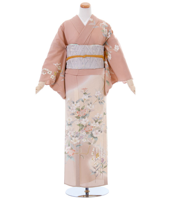 絽・赤白橡/練色 染め分け 花海棠と四季花