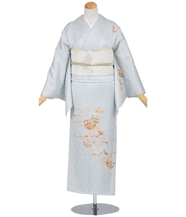 単衣訪問着・淡いブルー 花丸雪輪文