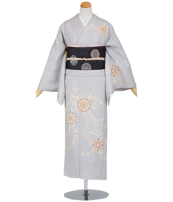 単衣訪問着・シルバーブルー 華文と唐草