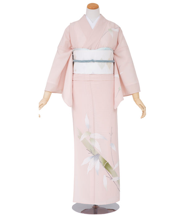 単衣訪問着・シェルピンク 青竹と笹