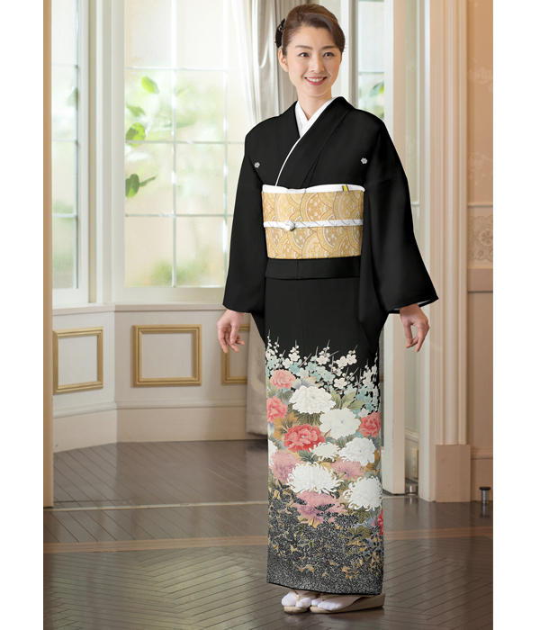 黒留袖・黒色 百花繚乱とおしどり